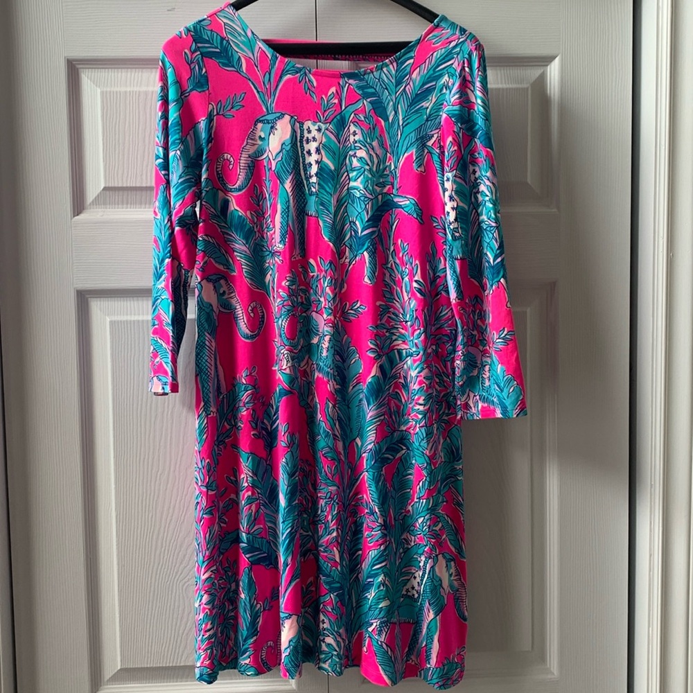 Lilly Pulitzer bright pink/teal elephant print 3/4 sleeves A line dress EUC